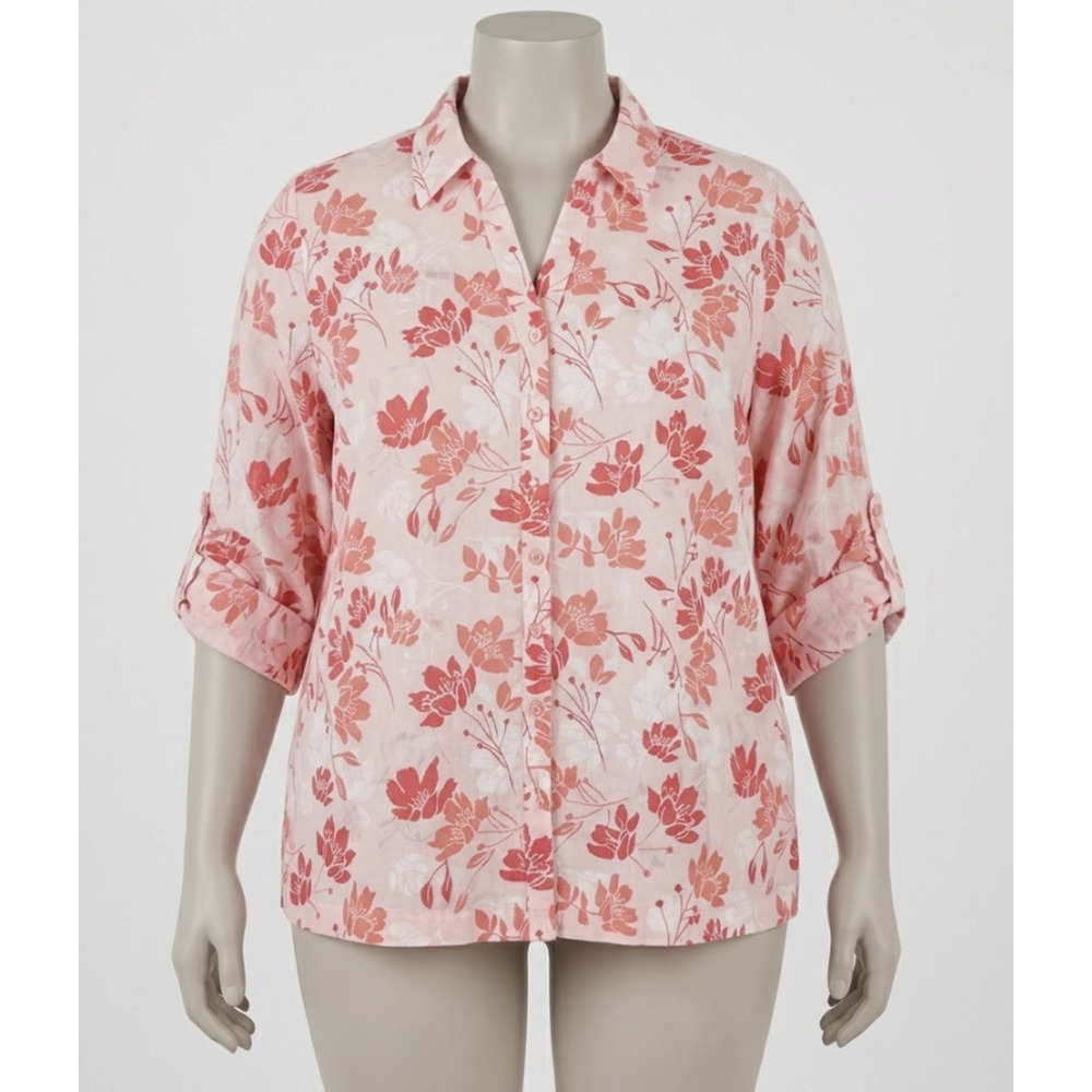 JM Collection Button Up Plus 18W Pink Sheer Floral Roll Tab Sleeve Cotton Blend